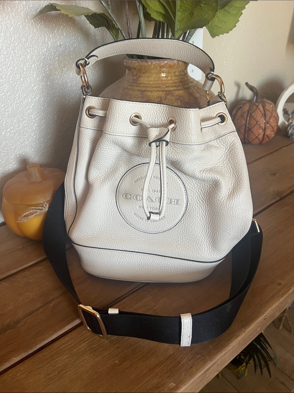 Coach Cream Pebbled Leather Drawstring Bucket Shoulder Bag